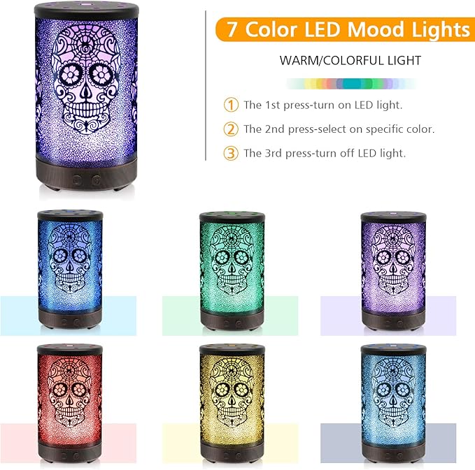 Skull Essential Oil Diffuser, Daroma 100ml Metal Aromatherapy Ultrasonic Cool Mist Humidifier Air Scent Home Office Gift, 7 Colors Changed LED Mood Light, Waterless Auto-Off