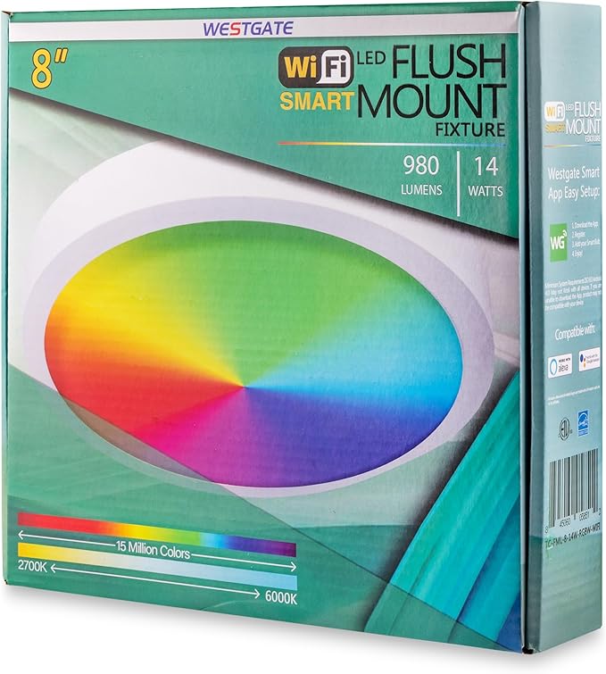 Westgate TC-FML-8-14W-RGBW-WIFI 8 Inch LED Flush Mount Fixture, White Die-Cast Aluminum Housing, Compatible with Alexa, Works with Google Home, Dimmable Ceiling Light, Color Changing Lamp