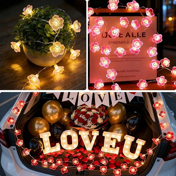 Vigdur Cherry Blossom Lights, 13 FT 40 LEDs Multicolor Flower String Lights Battery Operated with Remote&Timer, 20 Lighting Modes Pink Flower String Lights for Bedroom Party Wedding Décor