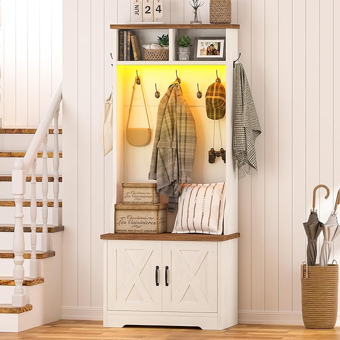 Hall Tree with Bench and Shoe Storage, Entryway Bench with Coat Racks and Led Lights, Farmhouse Small Hall Tree with Shoe Cabinet, 7 Coat Hooks, 6 Storage Cubbies, Adjustable Shelf