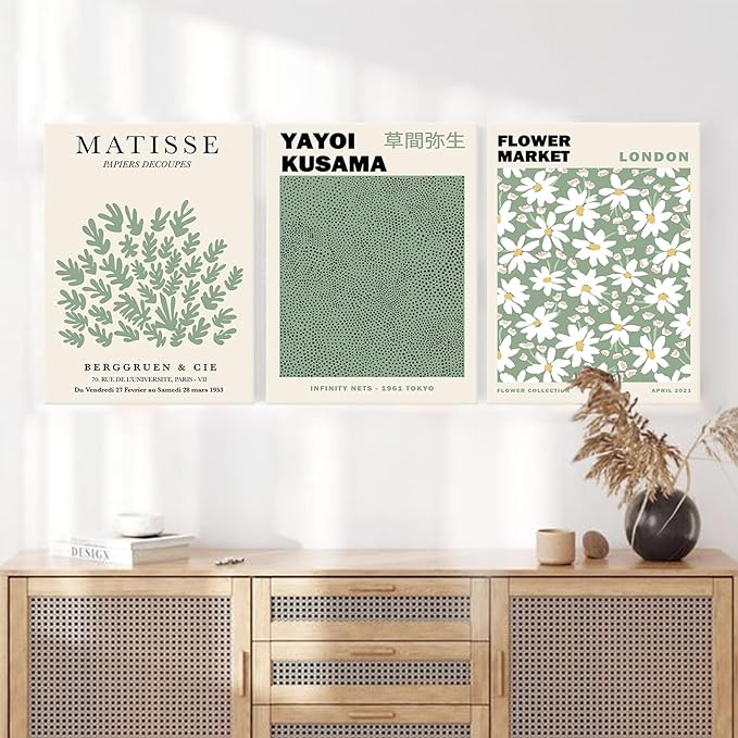 Sage Green Wall Art Framed Set of 3,Abstract Green Wall Decor Flower Market Wall Art Prints,Green Matisse Wall Art Minimalist Modern Wall Decor Living Room,Beige Green Boho Botanical Wall Art for Bedroom Bathroom-"12"x"16"
