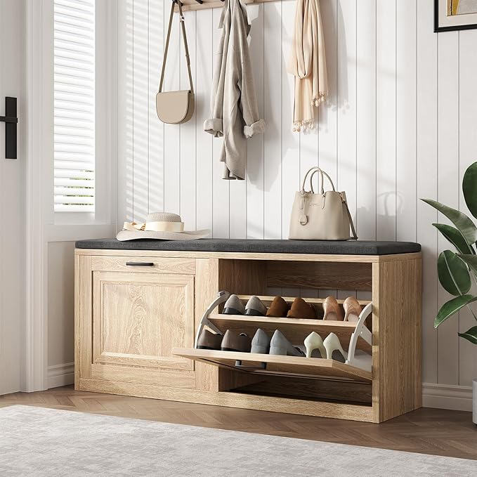 Shoe Storage Bench with Cushioned Seat, 2-Tier Entryway Bench with 2 Flip Drawers & Adjustable Shelves, 39.4" Shoe Rack Bench for Entryway, Living Room, Hallway (Natural)