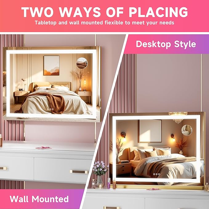 Vanity Mirror with Lights, 40" x 29" LED Makeup Mirror with 10X Magnification, Dimmable 3 Modes, Memory Function, Smart Touch, USB Charging Port, Lighted Makeup Mirror Square Glod