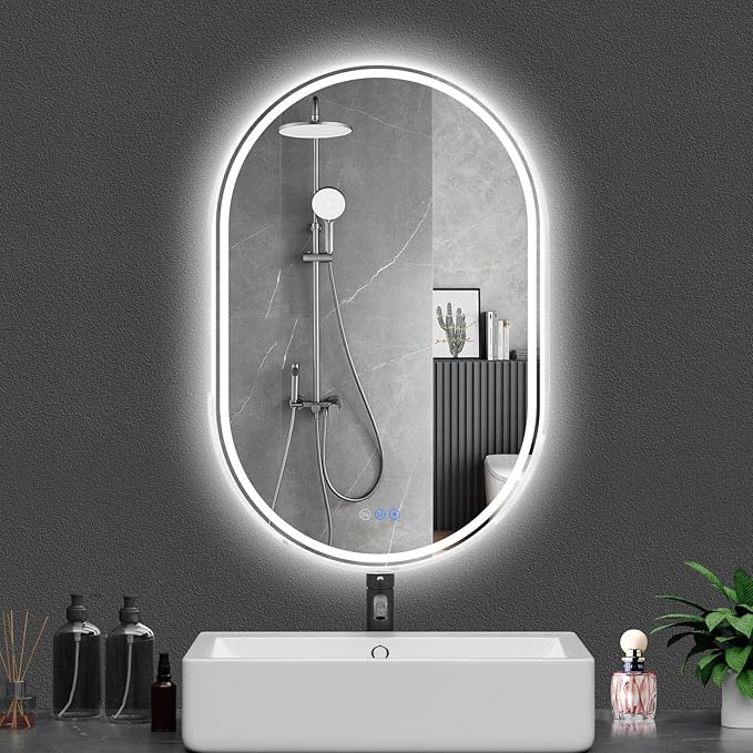 Oval LED Bathroom Mirror, 24"x 40" Frameless LED Mirror with Front Light and Backlit, Anti-Fog, Dimmable Modern Wall Mounted Lighted Mirror，Pill-Shaped Smart Mirror Bathroom