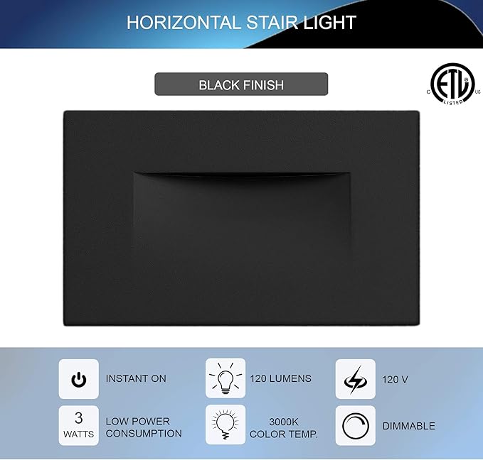Ciata LED Stair Lights Indoor - Step Lights Outdoor Stair Light 3 Watt, Warm White Stairway Lighting for Outdoor and Indoor Stairs 3000K Concrete, Home Theater Lighting - Black Finish, Horizontal