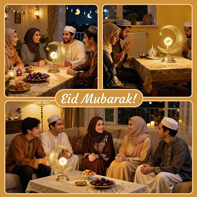 Lewondr Ramadan Moon Lamp, Crescent Moon with Star Table Lamp, Battery Powered Ramadan Desk Lamp Decorations Crescent Table Light Bedside Night Stand Desktop Living Room Home Decor, Eid Mubarak Decor