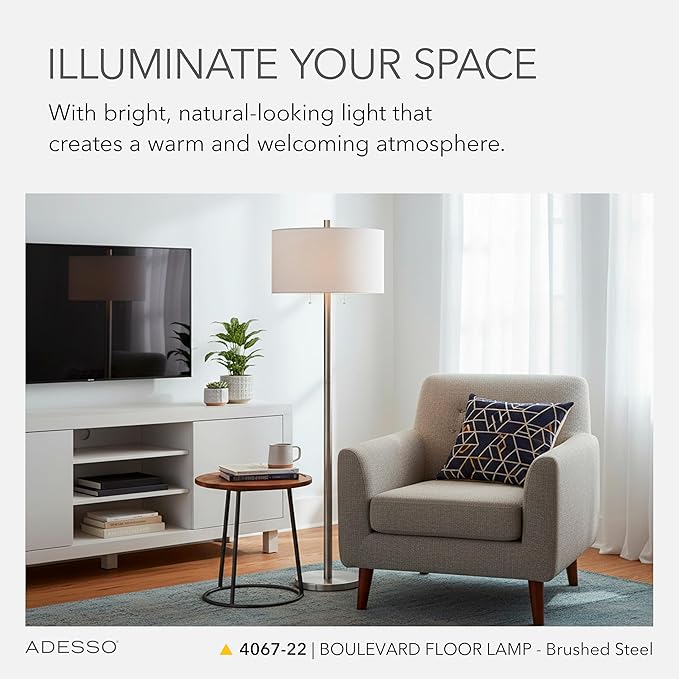 Adesso Floor Lamp with Dual Pull Chains, Brushed Stee; Finish, White Fabric Lampshade – Bedroom, Home Office Lighting, or Living Room Decor, 61” x 18.5”