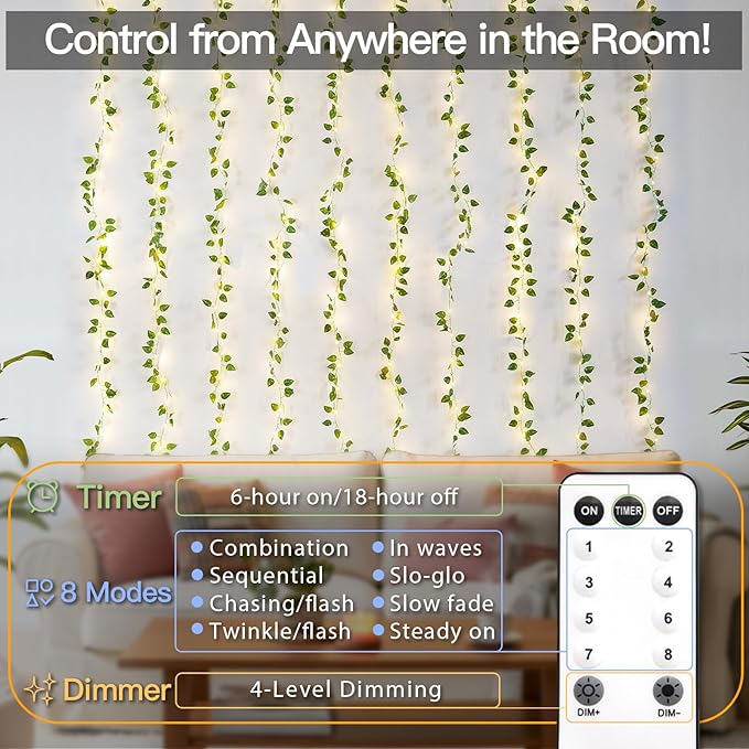 suddus 300 LED Vines with Lights Plug in, 9.8ft x 9.8ft Fairy Lights with Vines, Pothos Curtain Lights for Wall, Bedroom, Dorm, Wedding, Party, Indoor, Outdoor Decor(Warm White)