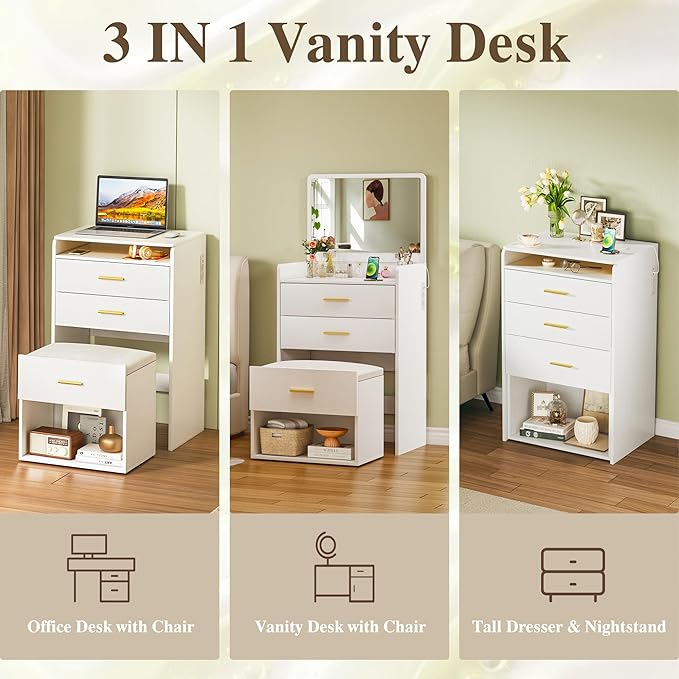 3 in 1 Vanity Desk with Flip-up Mirror, Compact Vanity with 2 Fabric Drawers & Storage Cushioned Chair, Charging Station, Girls Small Vanity Nightstand for Bedroom, White