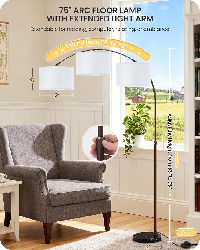 75" Arc Floor Lamp with Marble Base and Adjustable Height, Rotating Hanging Shade, Dimmable Floor Lamp for Living Room with Remote and Foot Switch, 3CCT, Over Couch Arched Light, White Brown VW15LD05
