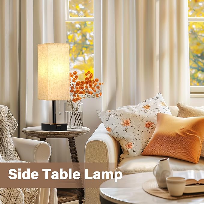 Bedside Table Lamps for Bedroom Set of 2 - Small Rectangular Nightstand Lamp with AC Outlet Charging Port, 3 Color Temperatures Desk Light with Bulb, Tabletop Reading Lamp for Living Room/Dorm/Office
