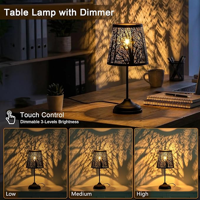 Touch Control Table Lamp, Black Metal Tree Pattern Shadow Lamp Lights Mini Lamps with dimmable 3-Levels Brightness Vintage Accent Decor Lamp Indoor Mood Lighting Bedroom Living Room (Black)