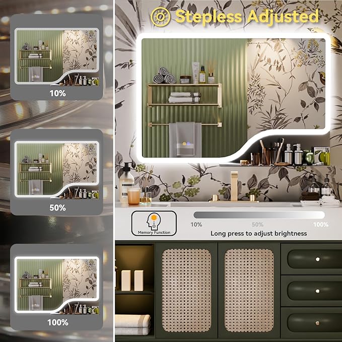32"x 48" LED Bathroom Mirror with Shelf, 3 Colors Backlit Vanity Mirror with Lights, Wall-Mounted Large Bathroom Mirror with Lights, Smart Mirror with Anti-Fog, Stepless Dimmable, Memory (ETL)