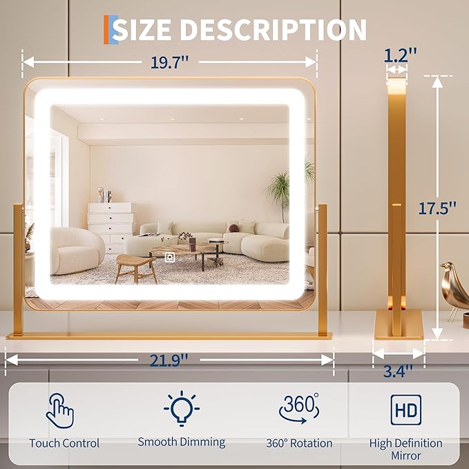 19.6 in x15.7 in Vanity Mirror with Lights, Large Lighted Mirror, LED Makeup Mirror with 3-Color Dimmable Modes and Smart Touch Control, Perfect for Desk or Bedroom, Vanity Desk Tabletop Makeup, Gold