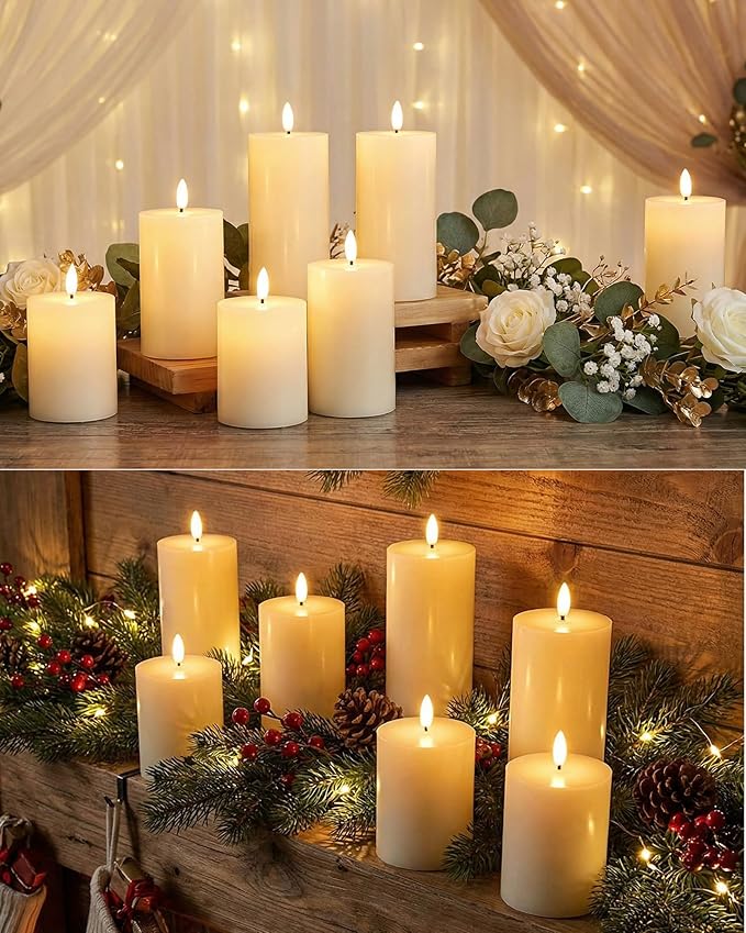 Leelosp 6 Pack Flameless Candles with Remote Timer, Battery Operated Flickering Flameless Candles Bulk Flat Top Pillar LED for Wedding Festival Outdoor Home Decor D 3'' H 4'' 5'' 6'' (Ivory White)