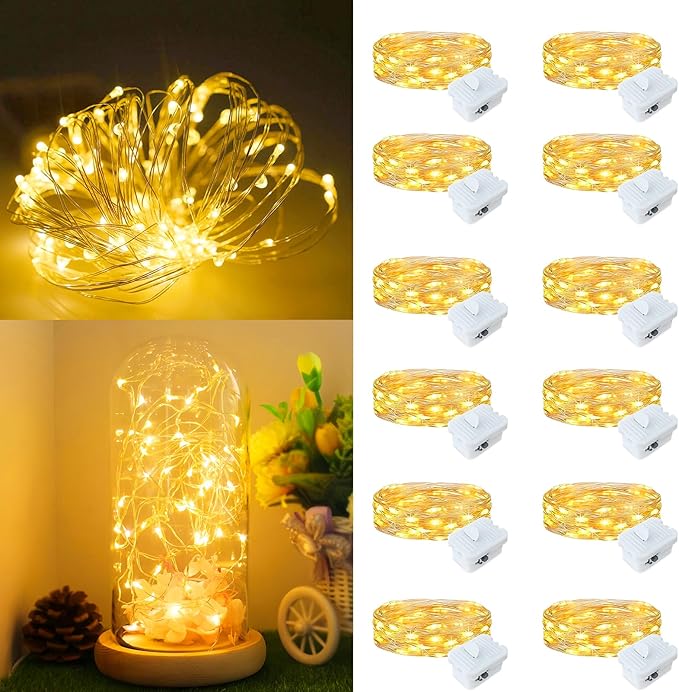 12Pack Fairy Lights Battery Operated, 7ft 20 LED 3 Modes Speed Twinkle Mini String Lights Waterproof Silver Wire Firefly Starry Lights for Mason Jars Wedding Party Christmas Decorations