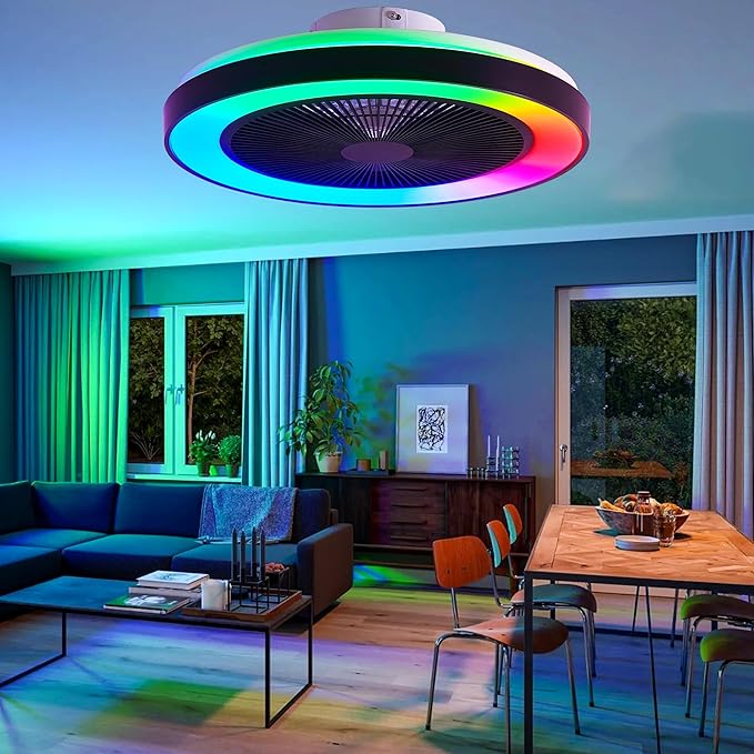 Smart Ceiling Fans with RGB Lights Remote - 20'' Flush Mount Low Profile Modern Ceiling Fans for Bedroom - Stepless Color Temperature and 6 Speeds - White