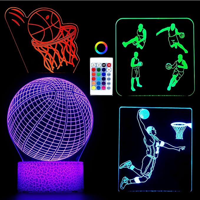4 Patterns Basketball Night Light,3D Hologram Illusion Basketball Lamp,Dimmable Remote Control/Smart Touch,16 Colors Changing Light,Room Decor Bedside Desk Lamp,Basketball Gift for Boys (style 8)