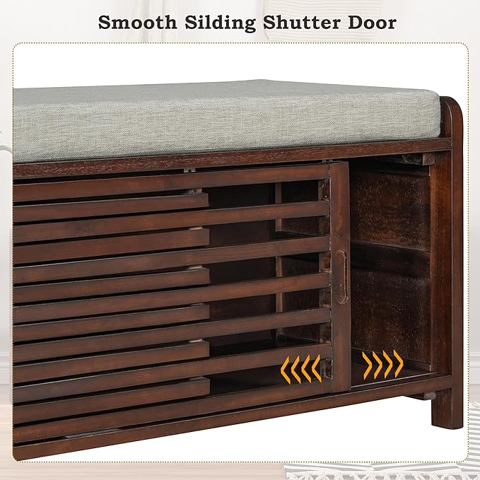 Amposei Modern Classic Storage Bench 43.3-Inch Wooden Entryway Shoe Storage Bench Cabinet with Removable Seat Cushion & Sliding Shutter-Style Doors for Living Room Entrance Hallway, Espresso