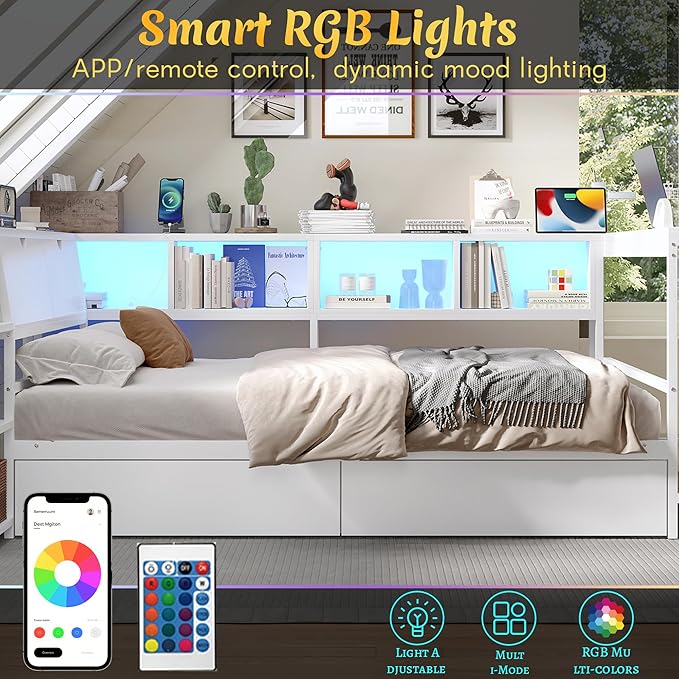 Queen Corner Bed Frame with Desk, LED Lights & Charging Ports, L-Shaped Daybed with Storage Drawers, Bookcase & Open Shelves, Modern Full Size Daybed for Kids, Teens & Compact Bedrooms,White
