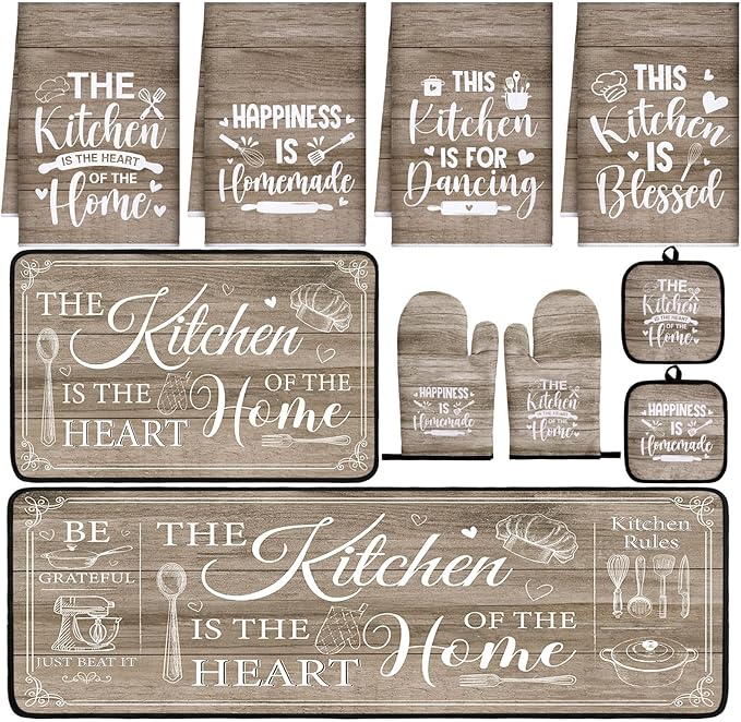 Fourluoo 10 Pcs Farmhouse Kitchen Decor and Accessories Set 4 Kitchen Towels 2 Pot Holders 2 Oven Mitts 2 Rugs for Cooking Baking Mom Housewarming Gifts(Brown,Classic Style)