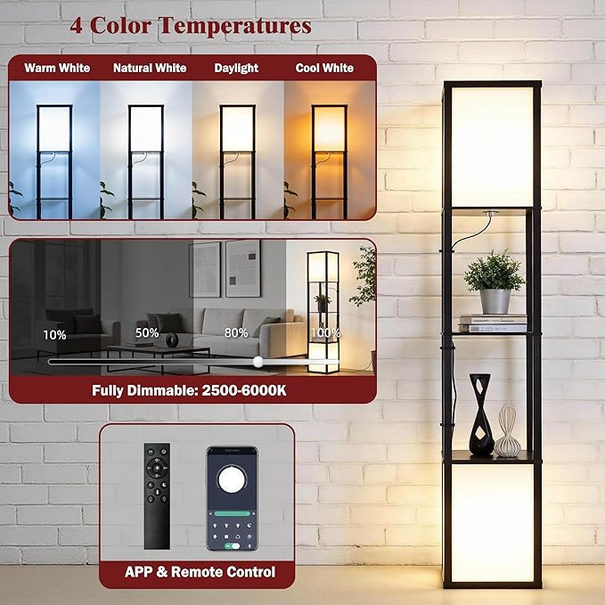 Black Floor Lamp with Shelves/Remote/App Control, Dimmable Led Standing Corner Display Bookshelf Lamp,Color Changing Temps,Floor Lamps for Living Room,Bedroom,Office (FL2L)