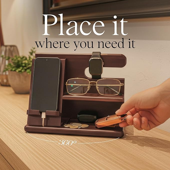 360° Rotating Nightstand Organizer - Wood Phone Docking Station with Rotating Base, Charging Slot, Holds watch, Wallet, Keys, Eyewear - Birthday Gifts for Men & Women, Bedroom or Office Use, Dark Brown