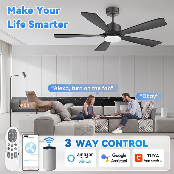 52 Inch Smart Ceiling Fans with Lights and remote,Eco-friendly wood ceiling fan Voice Control via WIFI Alexa App,Quiet DC Motor,Dimmable LED,Modern Ceiling Fan for Bedroom,Living Room,5 blade Fan