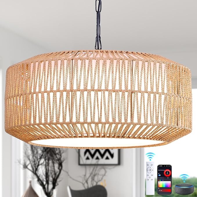 Smart RGB Ambient Rattan Pendant Light with Voice & App Control, Dimmable Boho Hanging Ceiling Lamp for Bedroom & Dining Room, Handwoven Wicker Light Fixture, 21.7” Natural