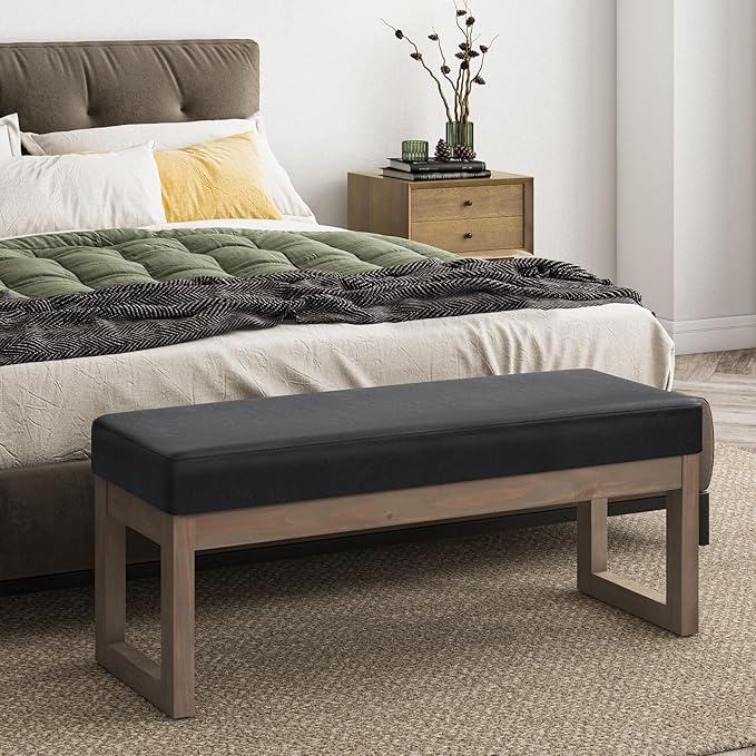 SIMPLIHOME Milltown Large Ottoman Bench - 44 inch Wide Upholstered Vegan Leather Rectangle Footstool Ottoman in Midnight Black, Contemporary Bench for Bedroom with Cushioned Seat, Assembled