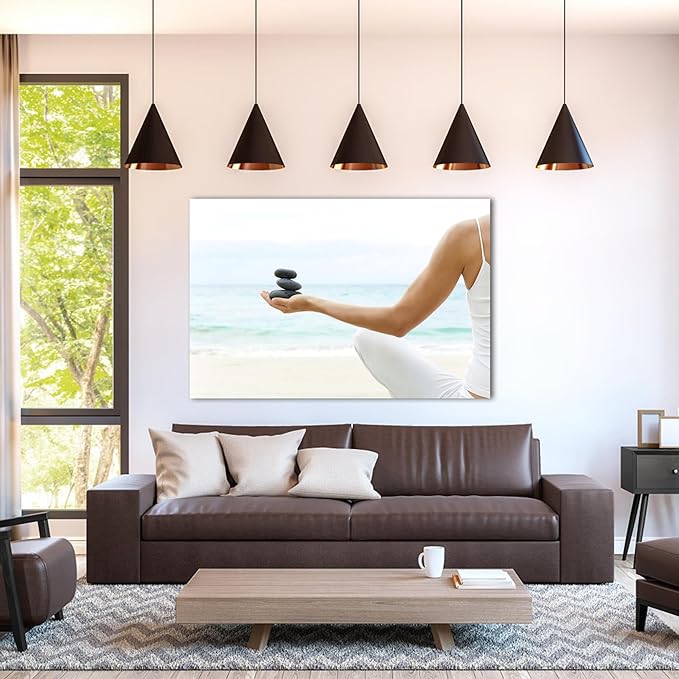 GUTTATY Zen Wall Art Decor, Modern Bathroom Zen Decor Wall Art, Relaxing Canvas Wall Art for Spa Zen Room Decor, Meditation Facing The Sea and Pebble Art Paintings for Office & Spa Decor 24x36 Inches