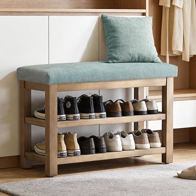 2 Tier Shoe Rack Bench with Cushion, Solid Wood Shoe Benches, Mid-Century Modern Shoe Storage Bench for Entryway, Hallway, Living Room, Closet, Front Door Entrance, (Teal, 31.5")