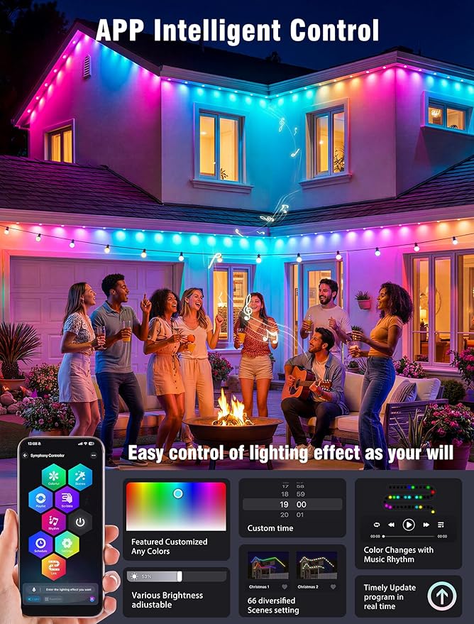 Permanent Outdoor Lights for House, 90 LED 150ft RGB+IC Eaves Lighting,Color Changing String Smart Lights Outdoor for Patio Decor,Year Around,Parties, Game Day, Easter, Christmas Decor