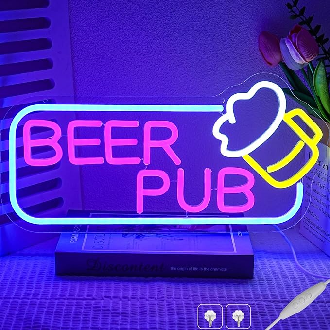 Beer Pub Neon Sign for Wall Decor,Dimmable Bar Neon Light,USB Powered Beer Led Light Up Sign for Man Cave,Home Bar,Store,Cafe,Pub,Club Party