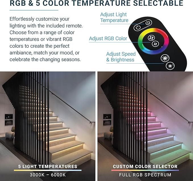 PARMIDA Intelligent Motion Sensor LED Indoor Stair Lighting Kit, RGB & 5CCT Color Selectable, 24" Aluminum Light Bars, Staircase Cascading Style, Remote Control, Dimmable, UL Driver, 150W - 16 Steps