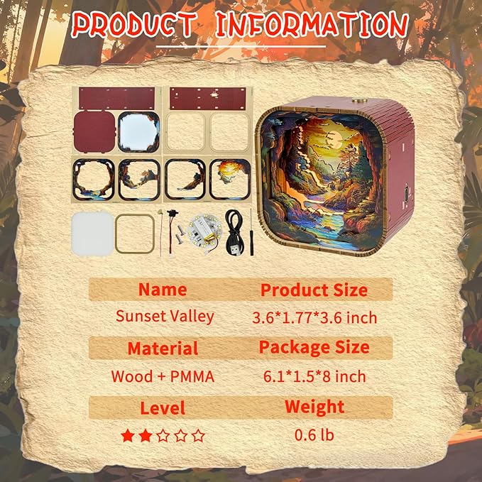 3D Wooden Puzzle Night Light DIY LED Art Lamp Kit for Adults Desk Decoration Creative Craft Model Table Ornament and Birthday Gift (Sunset Valley)