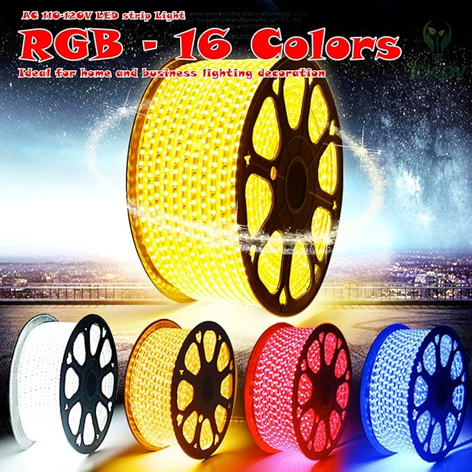 RGB LED Strip Light, AC 110-120V Flexible/Waterproof/Multi Colors/Multi-Modes Function/Dimmable SMD5050 LED Rope Light with Remote for Home/Office/Building Decoration (65.6ft/20m)