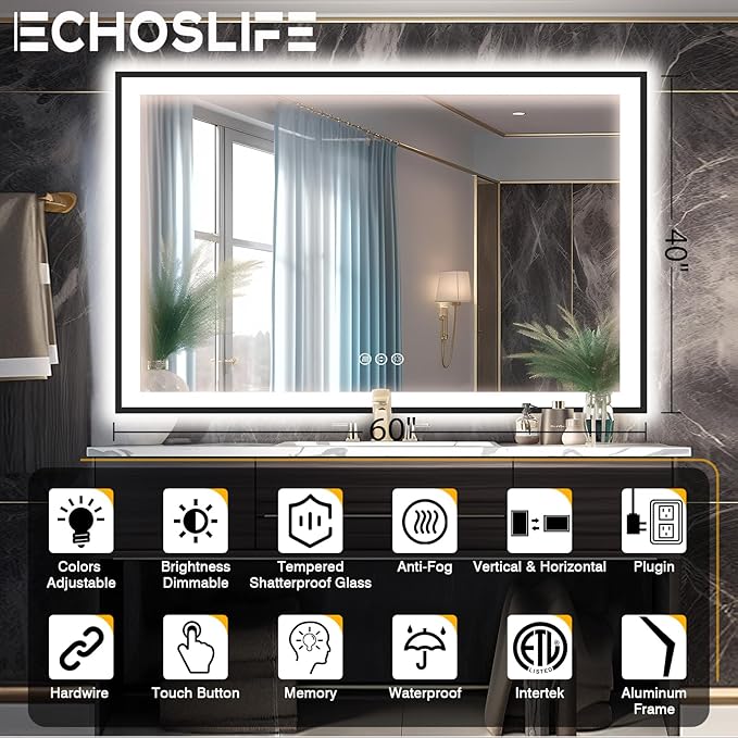 60x40 LED Mirror for Bathroom - Matte Black Framed (Front and Backlit), Anti-Fog Stepless 3 Colors Dimmable Lit Smart Vanity Mirror with Lights(Horizontal/Vertical)