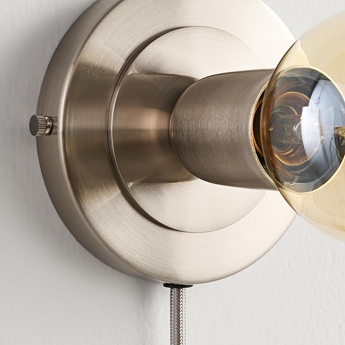 BRIGHTTIA Luna 1-Light Plug-in Wall Sconce - Mid Century Modern Minimalist Bedroom Home Office Lighting - Portable Wall Lamp for Apartments & Small Spaces with No J-Box - Brushed Nickel (BW0026-1NP)