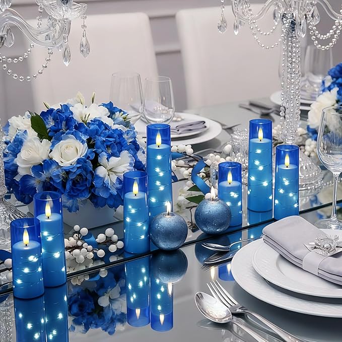 Raycare Flameless Candle with Remote Timer – 5 Flickering Acrylic Battery Operated LED Pillar Candles with Embedded Star String for Christmas, Home Decor, and as a Gift(Blue)