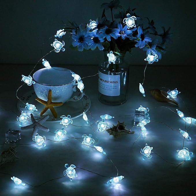 Decorman Sea Turtle Decorative String Lights, 14ft 40 LED 8 Modes Cool White Weatherproof Battery Operated Ocean Theme Lights for Bedrooms Parties Weddings Gardens with Remote and Timer