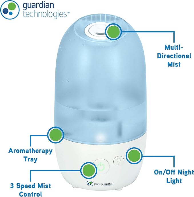 PureGuardian Ultrasonic Cool Mist Humidifier with Aromatherapy Tray, 70-Hour Run Time, 1-Gallon Tank Capacity, 320 Sq. Ft. Coverage for Small Rooms, Quiet Operation, H975AR