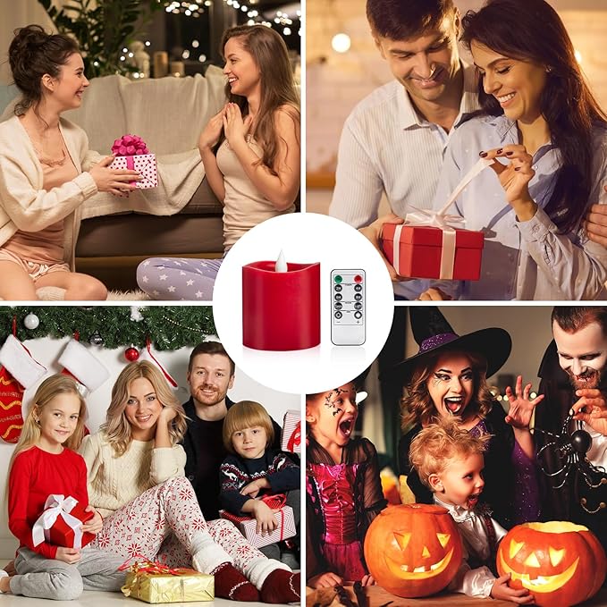 Red LED Pillar Candles 3x3 Inch - Battery Operated Flameless Candles with Remote Timer & Realistic Flickering Flame, 600+ Hours Lasting for Christmas Halloween Home Decor (1-Pack)