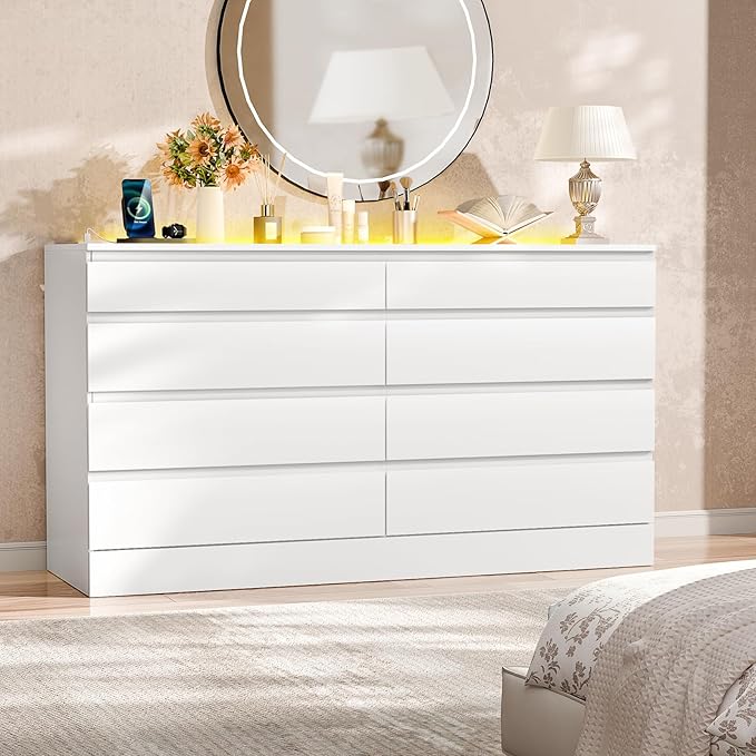 8 Drawer Dresser with Power Outlet, Modern Chest of Drawers with LED Light & Glass Top, Wood Double Dresser TV Stand with Organizer Storage for Bedroom, Living Room, Closet (White)