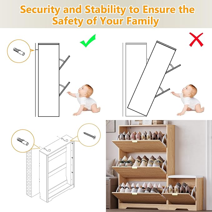 Slim Shoe Cabinet with Bench for Entryway, Hidden Storage and Adjustable Shelves, Free Standing Wooden Shoes Organizer for Hallway, Foyer
