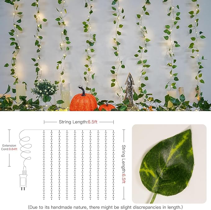 suddus 200 LED Vine with Light Plug in, 6.5ft x 6.5ft Pothos Fairy Curtain Lights with Remote, Leaf Fairy Lights for Wall,Bedroom, Dorm, Wedding, Party, Indoor Decor(Warm White)