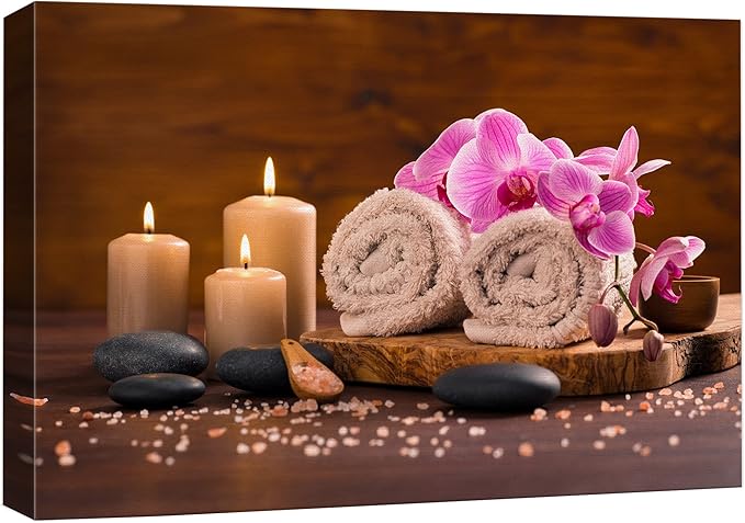 wall26 Canvas Print Wall Art Meditation Orchid Flower Massage Stones Zen Candles Nature Wilderness Photography Realism Rustic Landscape Colorful Multicolor for Living Room, Bedroom, Bathroom - 24"x36"