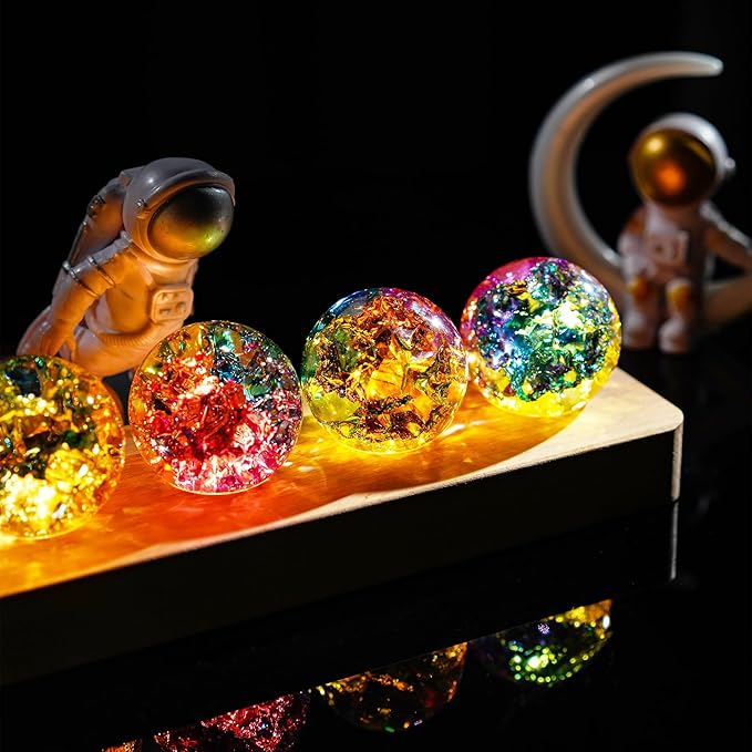 Set of 7 Crystal Balls Night Light Decor Healing Spheres with LED Wooden Stand for Meditation Energy Balancing Home Office Decoration Valentines Gifts for Women
