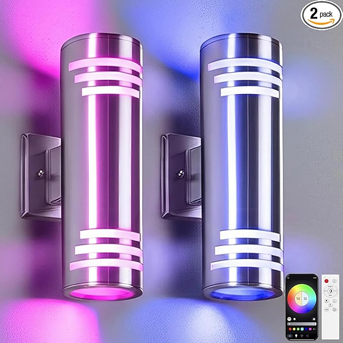 SHIMR Smart Porch Lights RGBCW 2 Pack, Color Changing Outdoor Wall Lights Stainless Steel Outdoor Light Fixture with Remote for House Garage, Compatible with Alexa Google Assistant