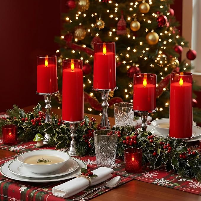 Raycare Flameless Candles Battery Operated with Remote Timer, Acrylic Flickering LED Pillar Candle for Valentine's Day Decoration, Home Decor, Gift for Family and Friend, Red, Set of 5